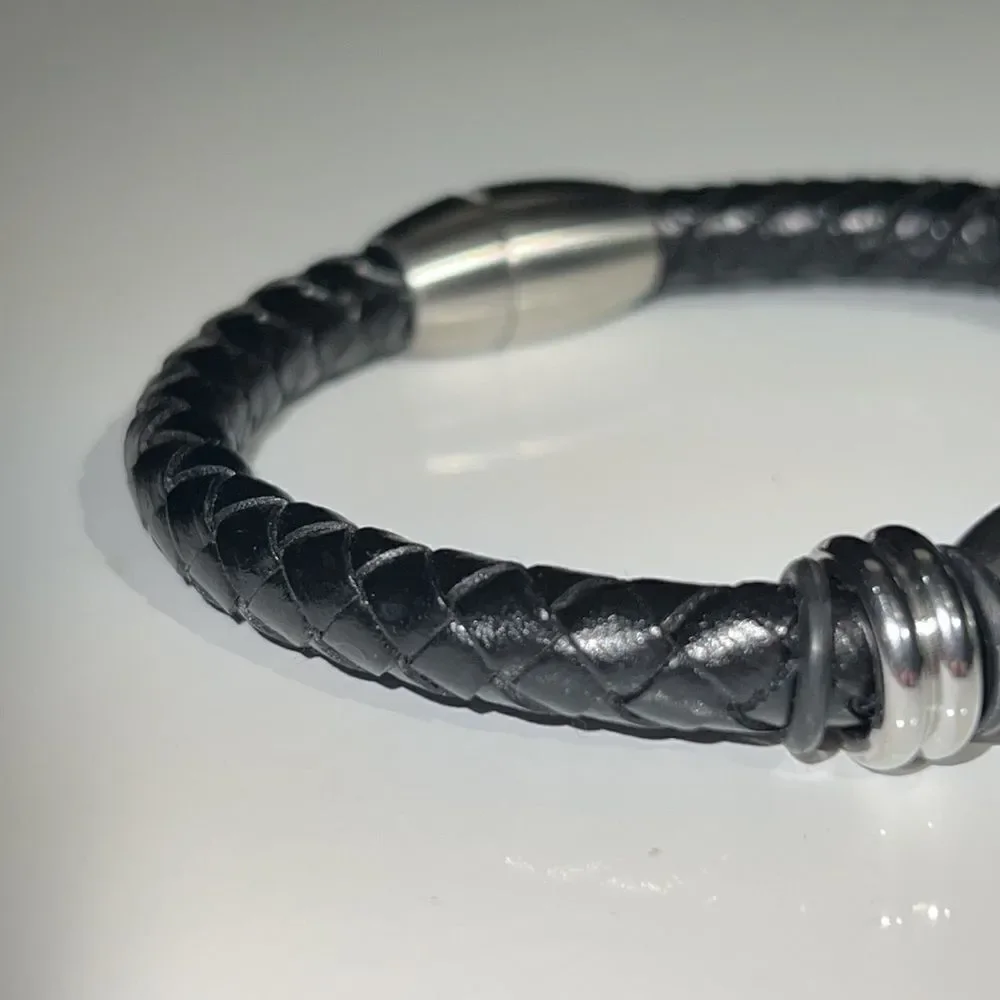 Leather Braided Bracelet with Silver Tone Hardware & Magnetic Closure